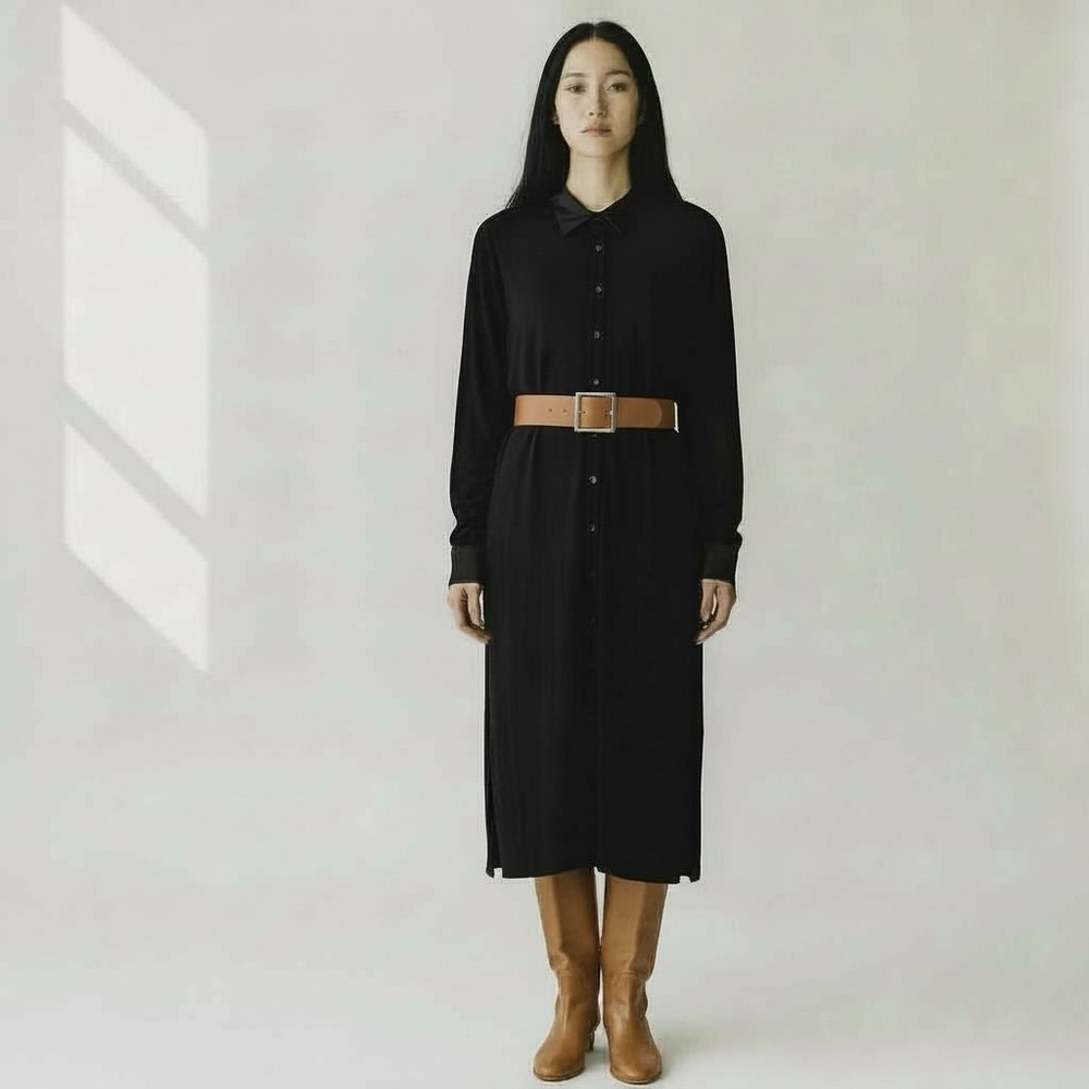 Norma Kamali Midi Shirt Dress Black Long Sleeve Button Down XL - Picture 2 of 8